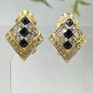 Christian Dior Vintage Gold Plated Diamond Shaped Blue Stone Clip On Earrings